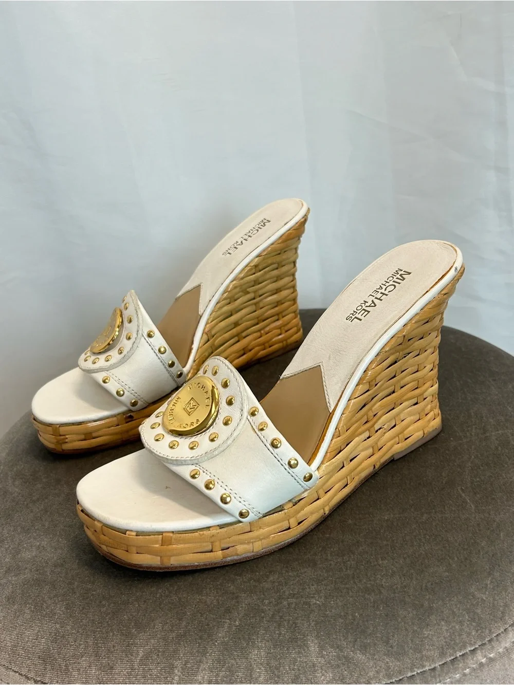 Michael Kors White Leather Studded Woven Wedge Slide Sandals Gold Logo 6.5